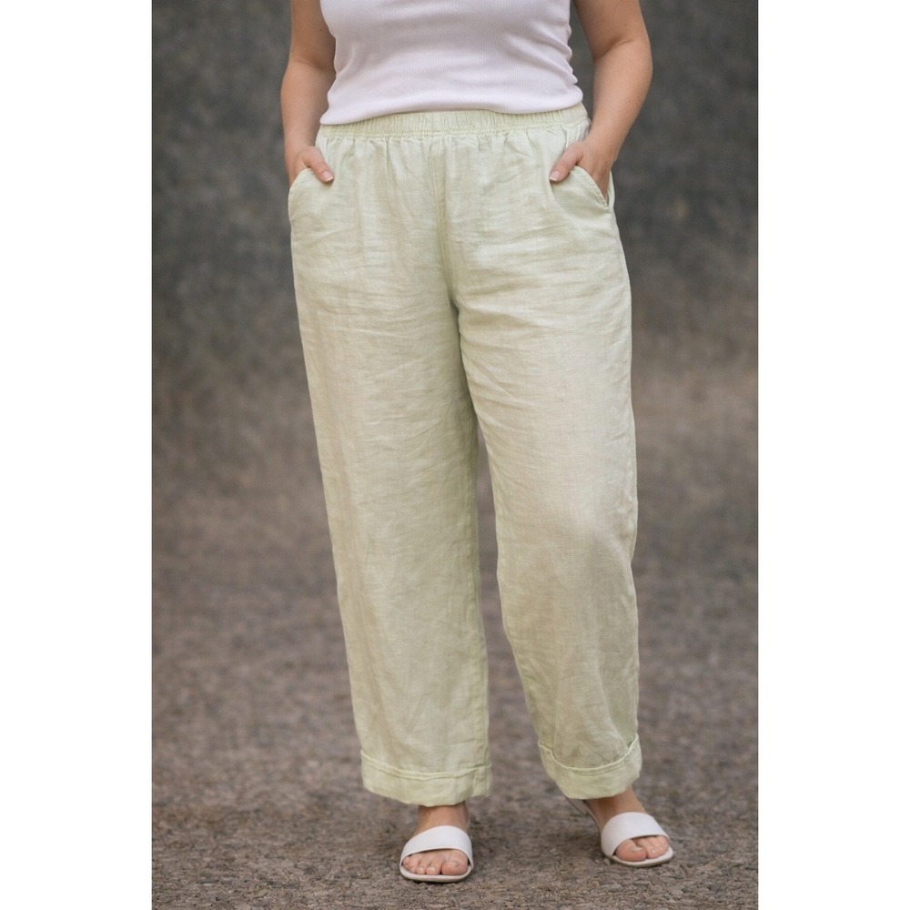 Soft Surroundings 100% Linen Cropped Pants Light‎ Green Size LRG Elastic Waist